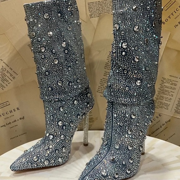 Urban Outfitters Azalea Wang Challengers Rhinestone Denim Boots Stiletto - Picture 2 of 12
